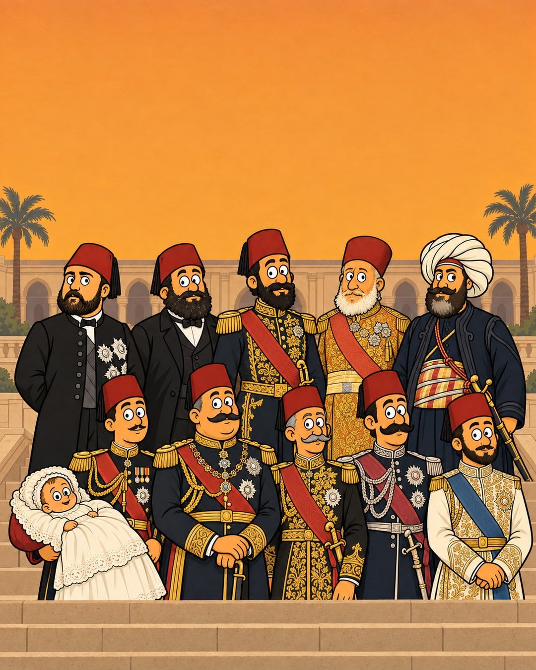 رسمة كرتون: ١١ حاكم من أسرة محمد علي واقفين في صفين قدام قصر، أغلبهم لابسين طرابيش وبدل رسمية بنياشين، وواحد بعمامة بيضا، وفي الصف اللي قدام طفل رضيع في لفة دانتيل بيضا.