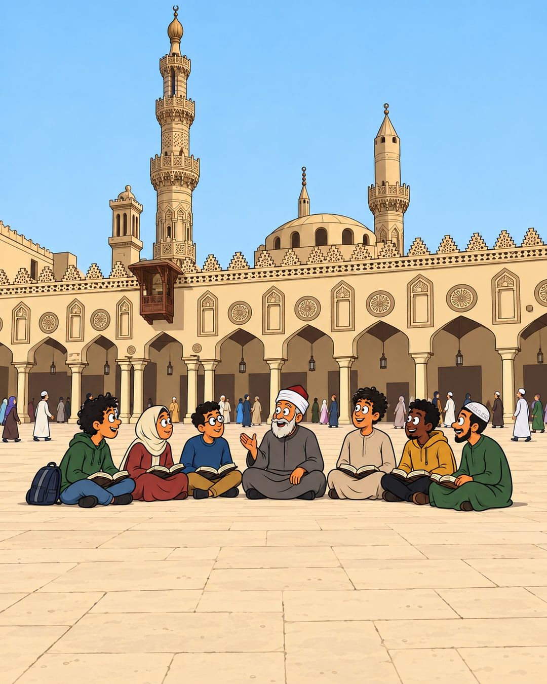 رسمة كرتون: طلبة قاعدين في صحن الجامع الأزهر حوالين شيخ، ووراهم المآذن.