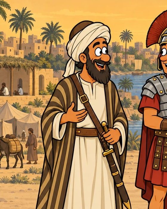 رسمة كرتون: راجل بعمامة ودقن، لابس عباية مقلمة بني وشايل سيف على كتفه، ووراه خيام ونخل وحمار شايل حِمل.