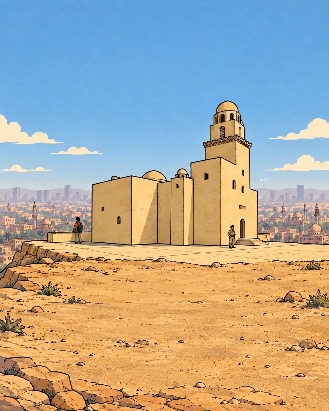رسمة كرتون لمسجد الجيوشي الصغير فوق الجبل، والقاهرة تحته.