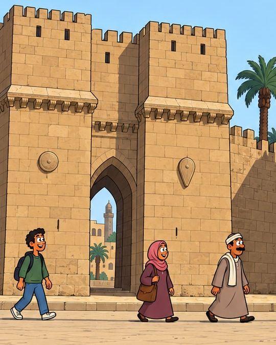رسمة كرتون لباب النصر ببرجينه المربعين وعليهم دروع محفورة، وناس ماشيين قدامه.