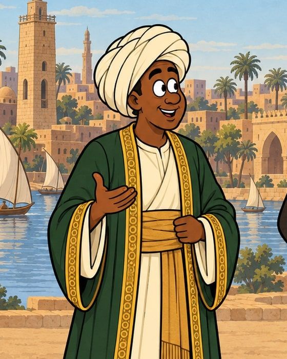 رسمة كرتون: راجل بعمامة بيضا لابس عباية خضرا بحواف دهبي وحزام دهبي، بيتكلم وإيده ممدودة، ووراه النيل ومراكب شراعية ومأذنة.