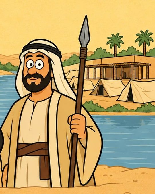 رسمة كرتون: راجل عربي بشماغ أبيض وعقال ماسك رمح، ووراه خيام ومبنى بسيط على النيل.