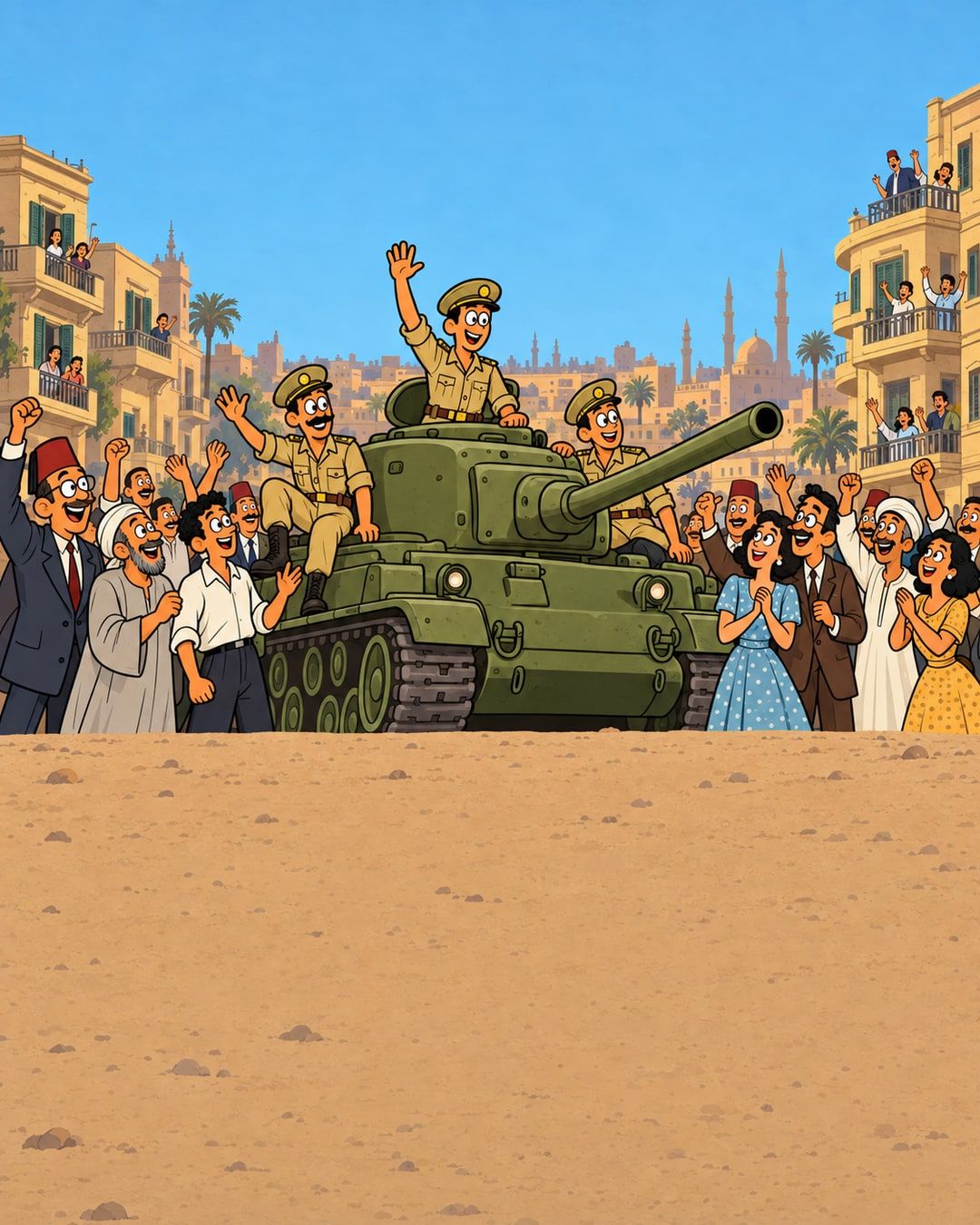 رسمة كرتون: ظباط بلبس كاكي فوق دبابة في ميدان في القاهرة بيسلّموا على الناس، وحواليهم زحمة فرحانة بتهتف، والناس في البلكونات بتشاور.