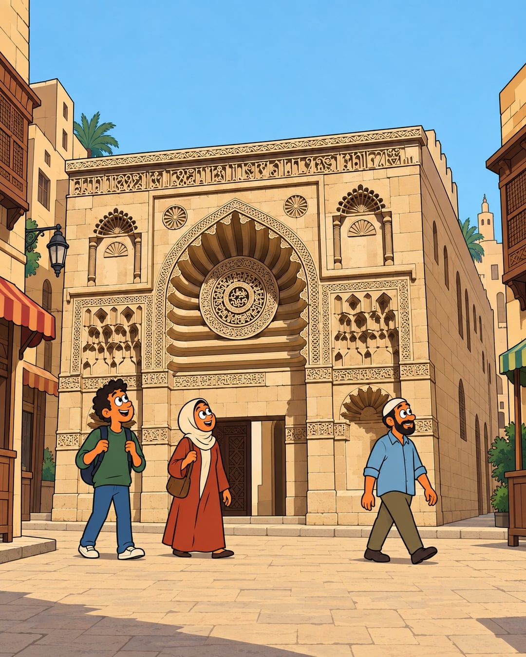 رسمة كرتون لواجهة الجامع الأقمر الحجر المنقوشة، وناس ماشيين قدامها.