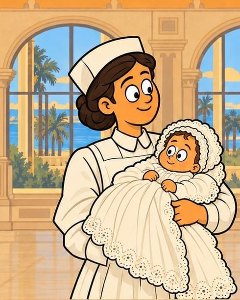 رسمة كرتون: دادة بلبس أبيض شايلة فؤاد التاني وهو رضيع في لفة دانتيل بيضا، في قاعة قصر.