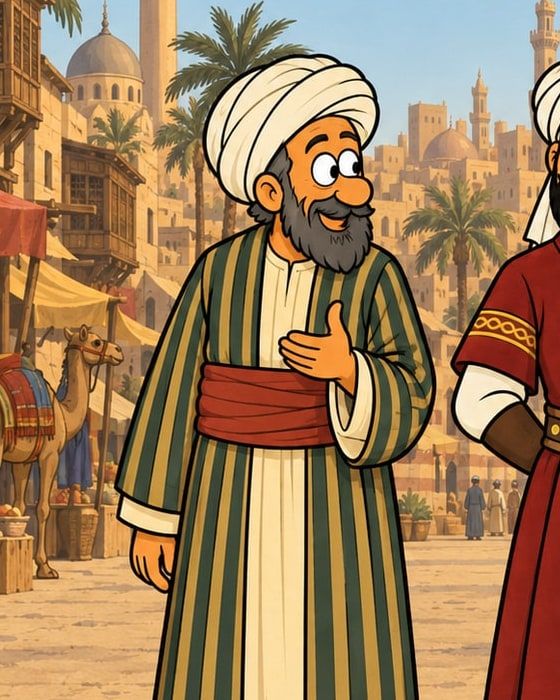 رسمة كرتون: شيخ بعمامة بيضا ودقن شايبة، لابس جبة مقلمة أخضر وحزام أحمر، ووراه سوق ومشربيات وجمل.